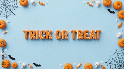 Fun halloween trick or treat colorful retro text with pumpkins and bats