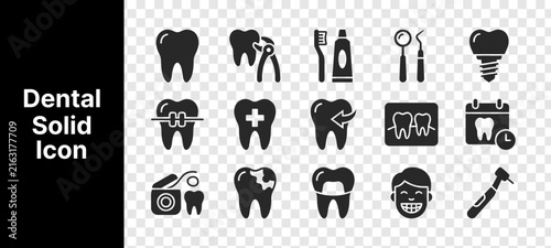 Dental Solid Icon Set for Dentistry, Oral Care, Tooth Treatment and Healthcare Services vector Design. 