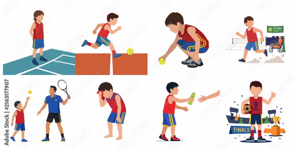 Fototapeta premium Set of flat vector illustrations featuring a young boy's tennis journey, from practice and coaching to winning the championship trophy.