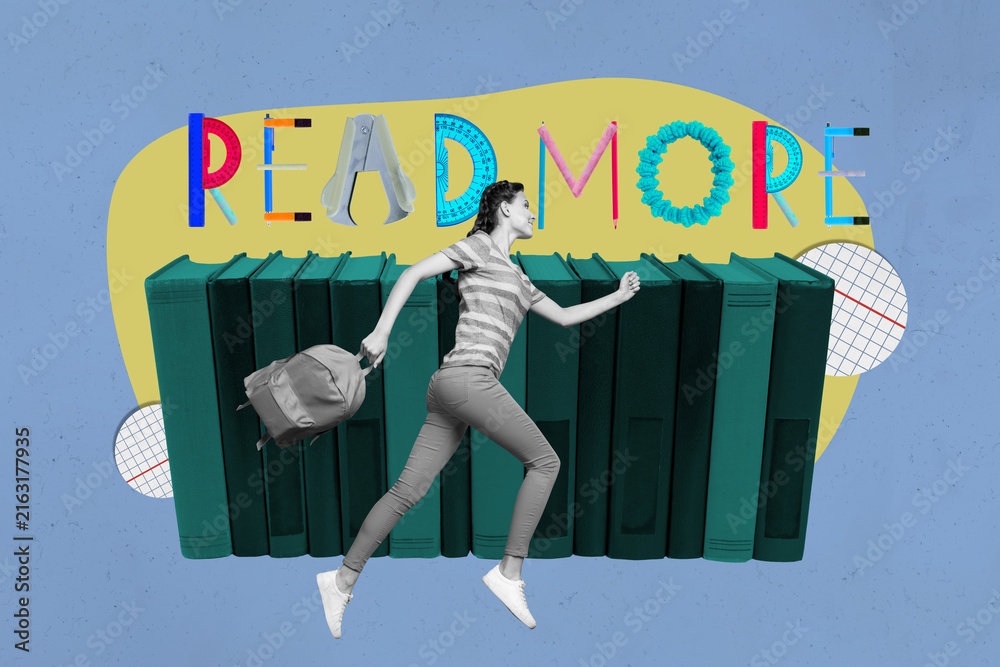 Fototapeta premium Pop art full zine photo collage of happy girl guy sit library academic book stack education learner pencil ruler read more letters