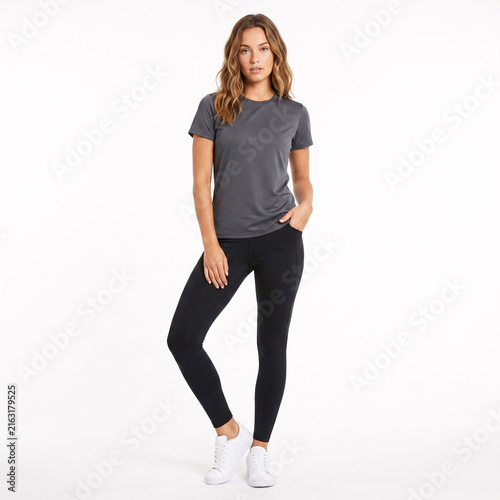 A fit woman with long brown hair stands confidently in a studio, wearing a dark grey t-shirt, black athletic leggings, and white sneakers.
