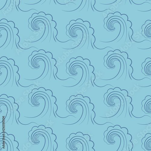 Wave. Water swirl. Blue sketch. Seamless vector patternTsunami. Sea storm. Raging water background.