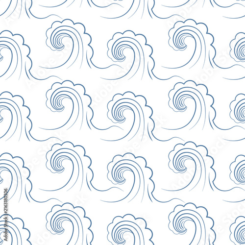 Wave. Water swirl. Blue sketch. Seamless vector pattern. Tsunami. Sea storm. Raging water background