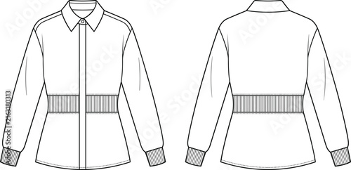 Technical fashion illustration of a long sleeve button down shirt with back details