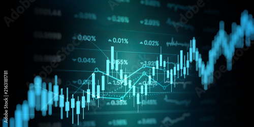 financial graph with uptrend line technology bar chart of stock market on blue color background