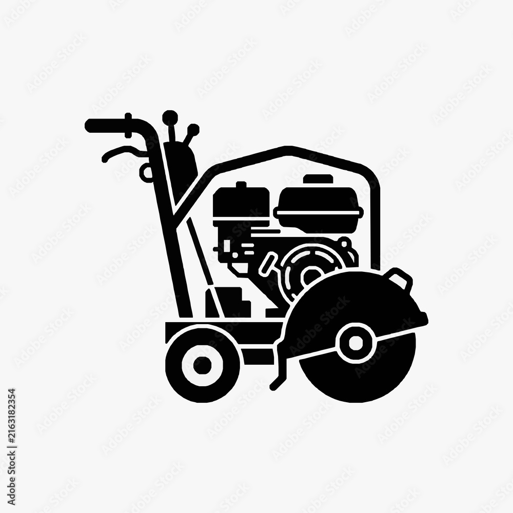 Naklejka premium Clean Black and White of a Portable Concrete Sawing Machine with Engine and Handle with high quality professional line art symbols for modern creative design and digital branding projects