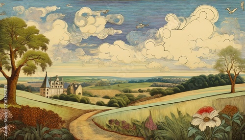 toile de jouy pattern with countryside views