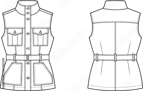 Fashion technical flat sketch of a belted women's vest with pockets and front closure