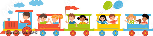 Happy kids riding colorful toy train, conductor driving steam locomotive, preschool children having fun travel