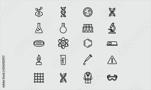 Molecule flat glyph icons set. Chemistry science, molecular structure, chemical laboratory dna cell protein vector illustrations. Signs scientific research.