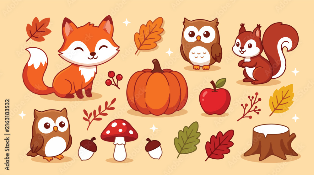 Obraz premium Cute Autumn Woodland Animals and Forest Elements Collection.