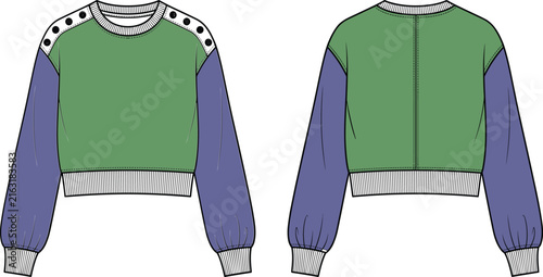 Technical fashion illustration of a green bomber jacket with floral and blue details front and back