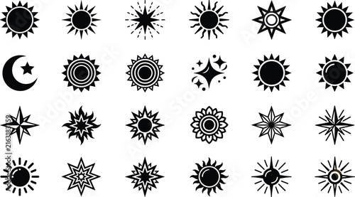Sun, star, icons, set, celestial, abstract, symbols, design, bright, shape, collection, glowing, magic, elements, shine