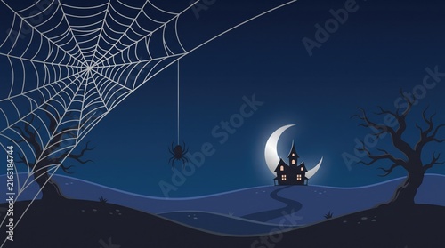 Spooky halloween night landscape with a haunted house, a large spider web, a hanging spider, and a crescent moon in a dark blue sky