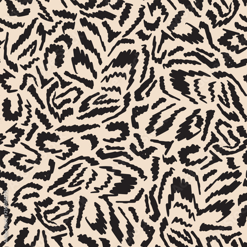 Hand drawn zebra seamless repeat pattern. Random placed, vector wild animal brush strokes as aop, all over surface print on beige background.