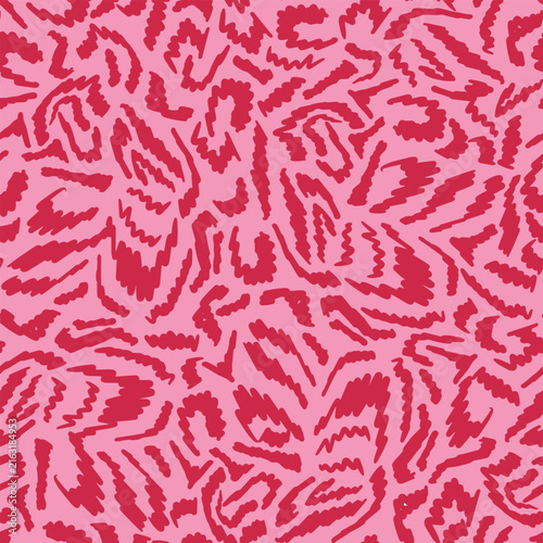 Hand drawn, hot pink zebra seamless repeat pattern. Random placed, vector wild animal skin, brush strokes as aop, all over surface print on pink background.