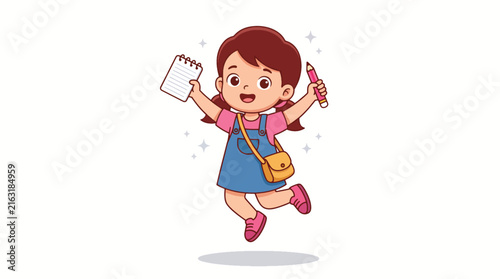 Happy school girl jumping with notebook and pencil.