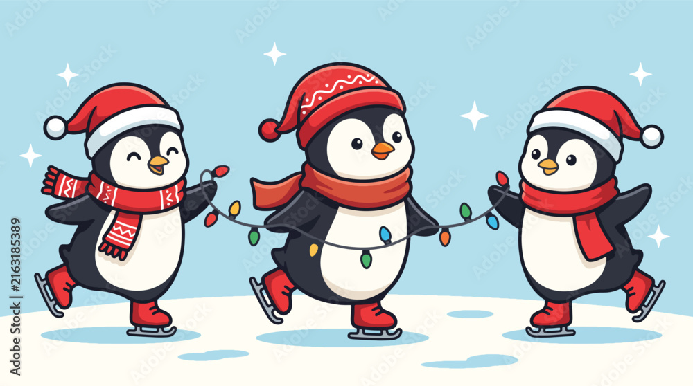 Fototapeta premium Three cute penguins ice skating and holding Christmas lights in a winter landscape.