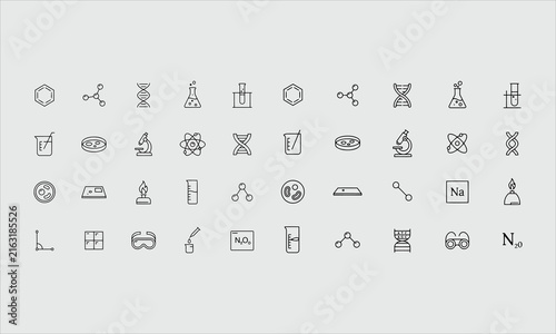 Molecule flat line icons set. Chemistry science, molecular structure, chemical laboratory dna cell protein vector illustrations. Outline signs scientific research.