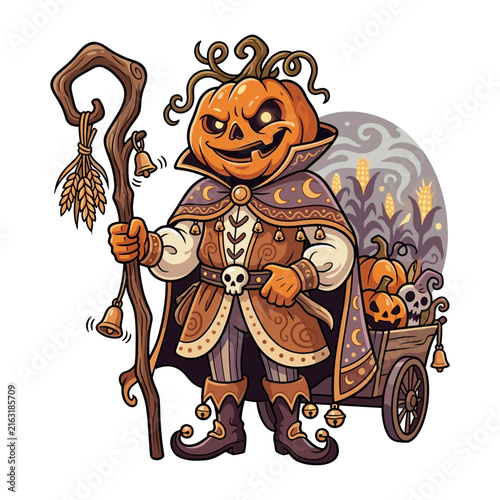 Halloween pumpkin mage character holding staff with cart vector