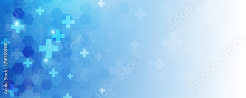 Abstract science medical background with hexagons, connected dots, lines, and blue crosses. 