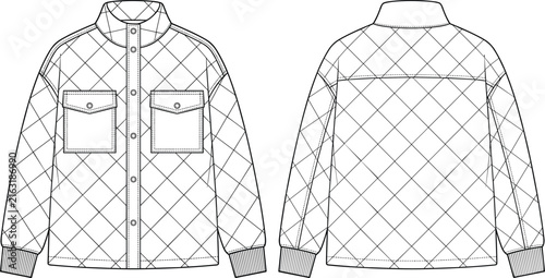 Technical fashion illustration of a sporty jacket with diagonal lines and front pockets