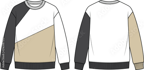 Fashionable color block sweater mockup isolated on a white background with front and back views
