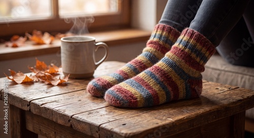 Cozy feet wearing striped woolen socks on wooden table with hot tea cup and autumn leaves