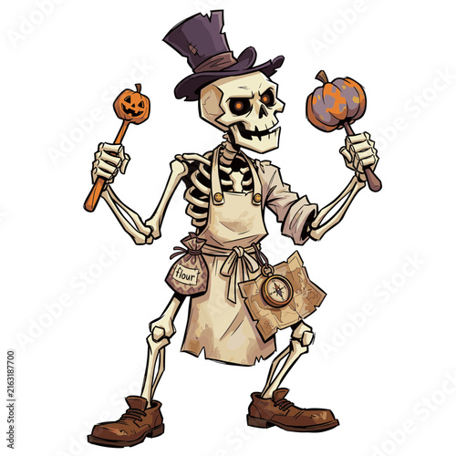 Halloween vector skeleton chef character holding pumpkin rattles