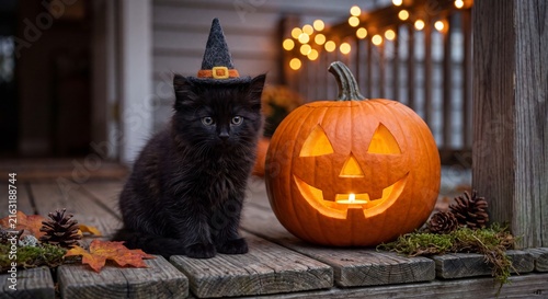 Cute black kitten wearing witch hat next to glowing jack-o-lantern on porch for Halloween