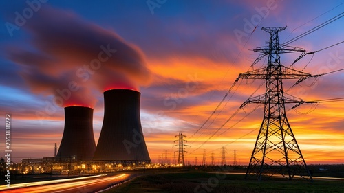 Nuclear power plant cooling towers emitting steam at sunset providing electricity through power lines with light trails