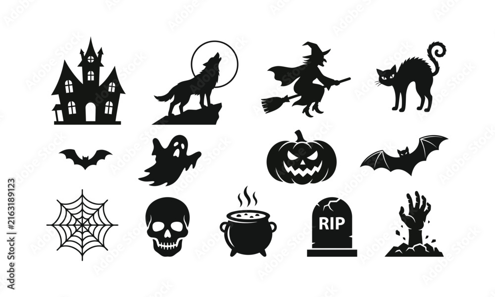 Fototapeta premium A spooky halloween collection featuring haunted houses werewolves witches black cats ghosts pumpkins and other frightening elements