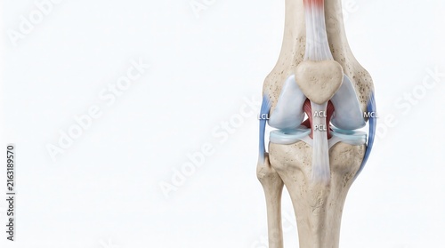 Detailed anatomical illustration of human knee joint ligaments and bones