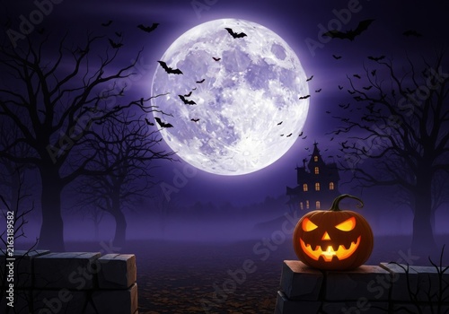 Hauntingly beautiful halloween night with glowing jack-o'-lantern and moonlit forest