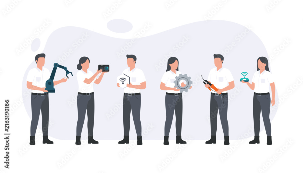 Obraz premium Group of technology engineers in uniform proudly showcase modern robotics and smart connectivity devices together.
