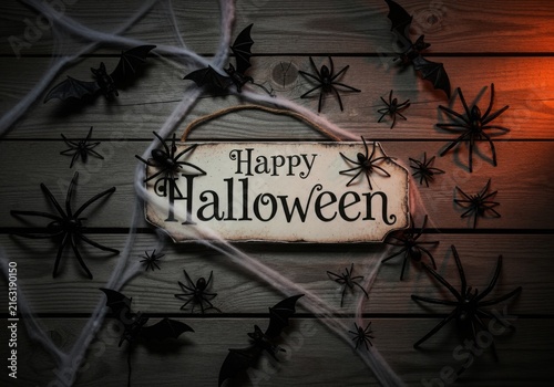 Elegant halloween greeting card with spooky autumnal decorations and warm lighting.