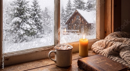 Cozy winter windowsill view with hot chocolate candle and snowy wooden cabin outside
