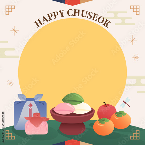 Happy Chuseok background vector illustration. Songpyeon (half moon-shaped rice cake) and Korean gift wrapping, Bojagi