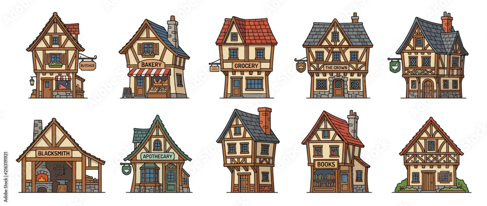 Naklejka premium Pixel Art Medieval Village Buildings Collection