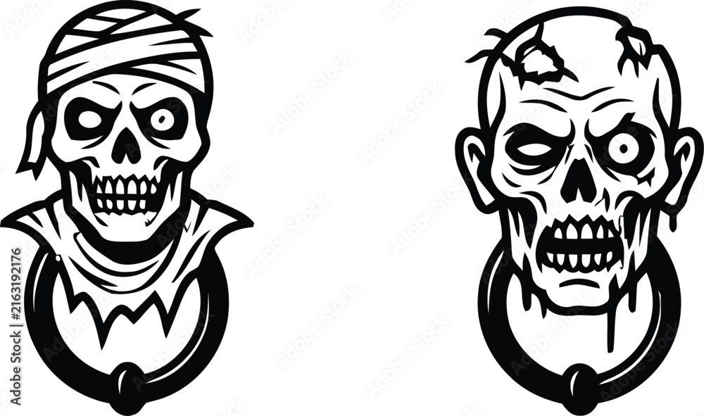 Fototapeta premium Two stylized undead heads a mummy and a zombie presented as black and white vector illustrations afterlife ancient