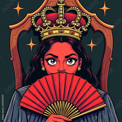 Queen in crown holding hand fan sitting on throne