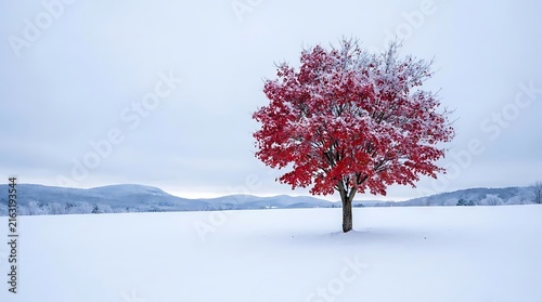 Single red tree in snowy winter landscape.