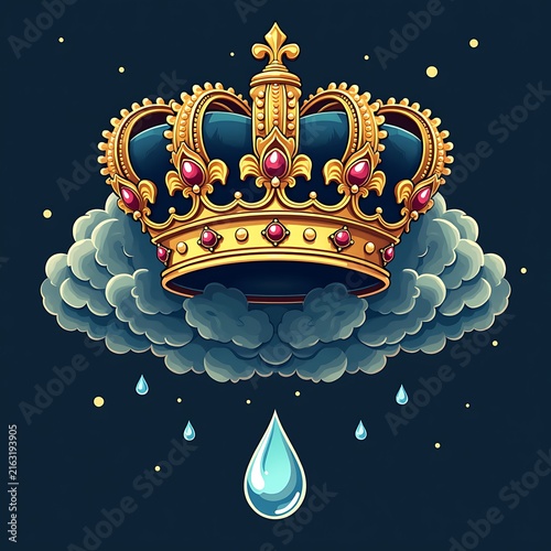 Golden crown on cloud with raindrops on dark background