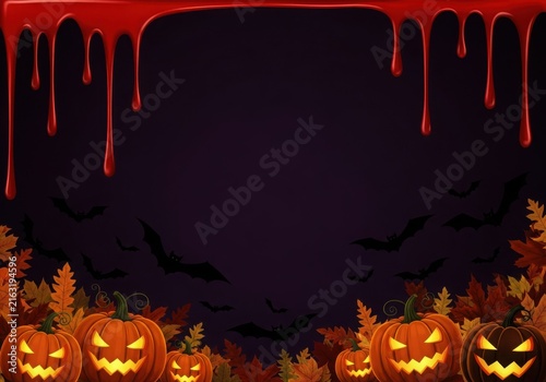 Hauntingly decorated halloween scene with dripping red liquid and carved pumpkins.