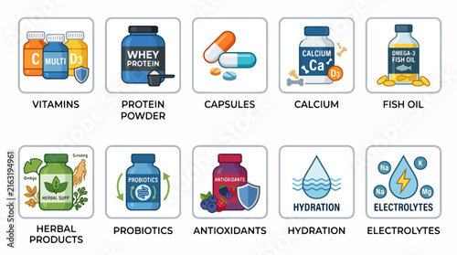 Dietary supplements and nutrition icons.