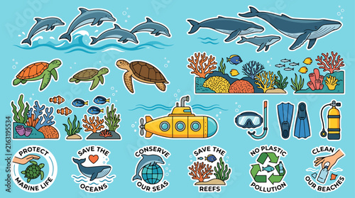 Colorful ocean animals and icons illustration.