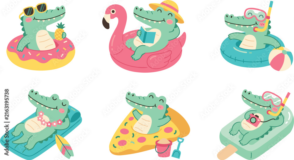 Naklejka premium Cute Kawaii Crocodile Character Icon Set Featuring Smiling Alligators Relaxing on Pool Floats with Summer Beach Vacation Graphic Elements