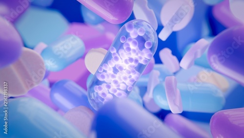 Flying pills and capsules in motion on blue background, pharmaceutical concept. 3d render