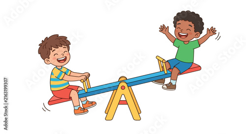 Children playing on a seesaw colorful vector illustration on white background