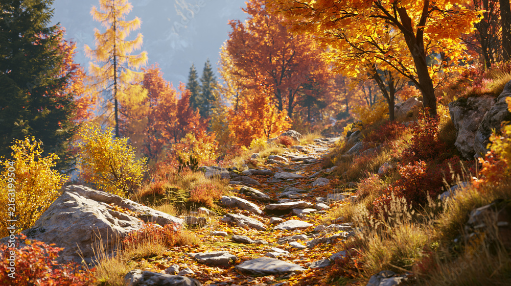 Fototapeta premium 秋の紅葉に包まれた岩場の小道